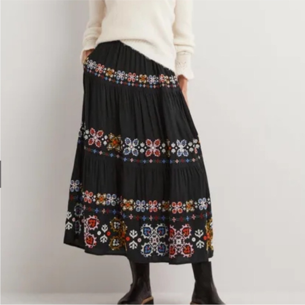 Boden Black Maxi Skirt with Colorful Embroidery